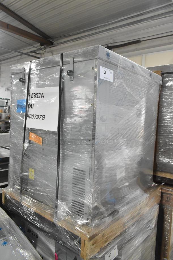Brand new 2026 Hoshizaki EUR27A commercial undercounter cooler, single door, 115V, 1 phase, wrapped securely, model tagged.