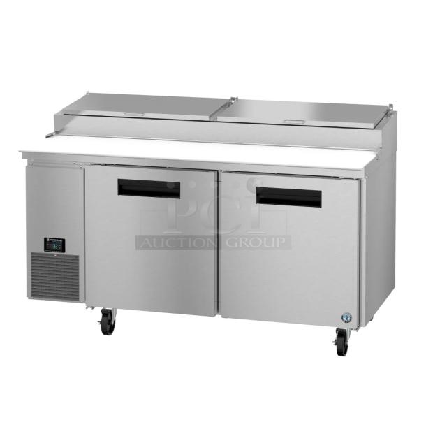 Brand new 2026 Hoshizaki PR67A pizza prep table. Stainless steel, dual doors, on casters. 115V, 1 phase.