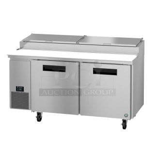 Brand new 2026 Hoshizaki PR67A pizza prep table. Stainless steel, dual doors, on casters. 115V, 1 phase.