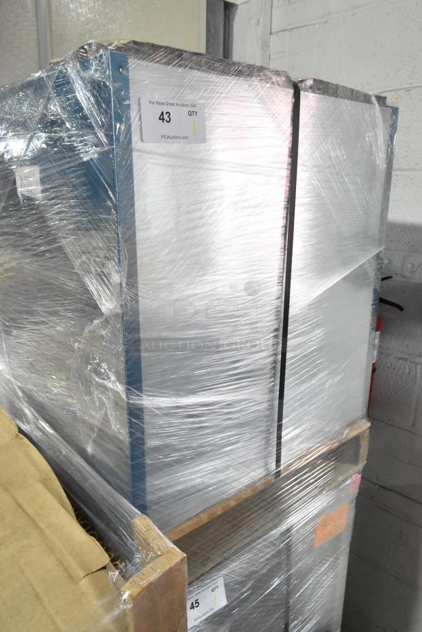 Brand new 2024 Hoshizaki SD-500 commercial icemaker/dispenser stand, wrapped in plastic, with lockable doors.