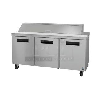 Brand new 2024 Hoshizaki SR72B-18 commercial sandwich salad prep table with mega top. 115 volts, 1 phase. Stainless steel.