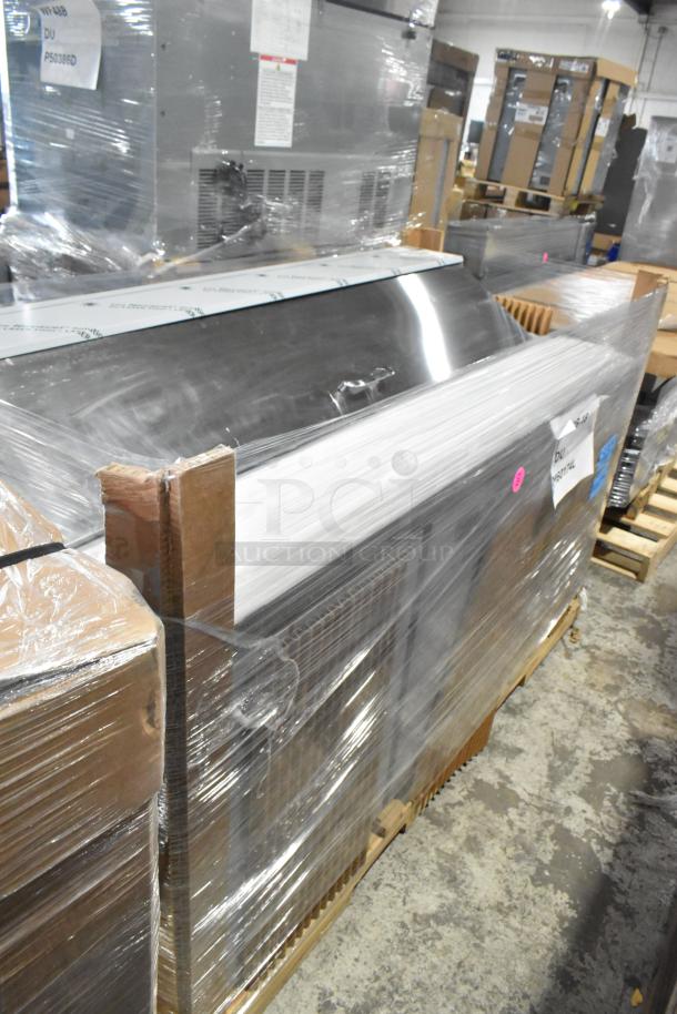 Brand new Hoshizaki SR72B-18 commercial sandwich salad prep table, 115 volts, 1 phase, wrapped on a pallet.