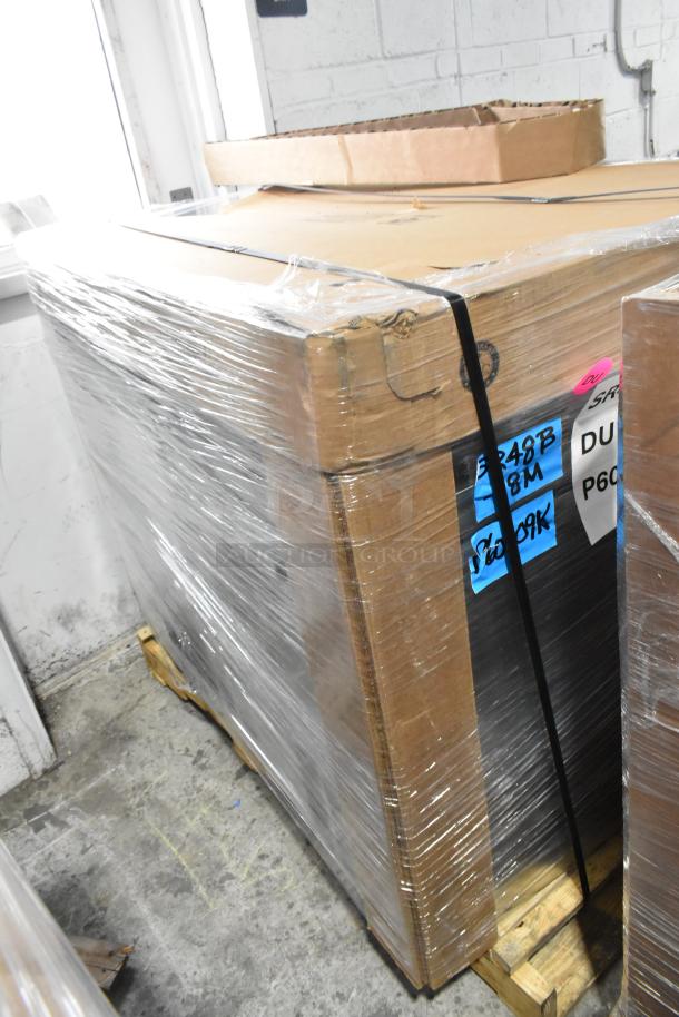 Brand new Hoshizaki SR48B-18M Commercial Sandwich Salad Prep Table, wrapped in plastic, labels showing model and specs.