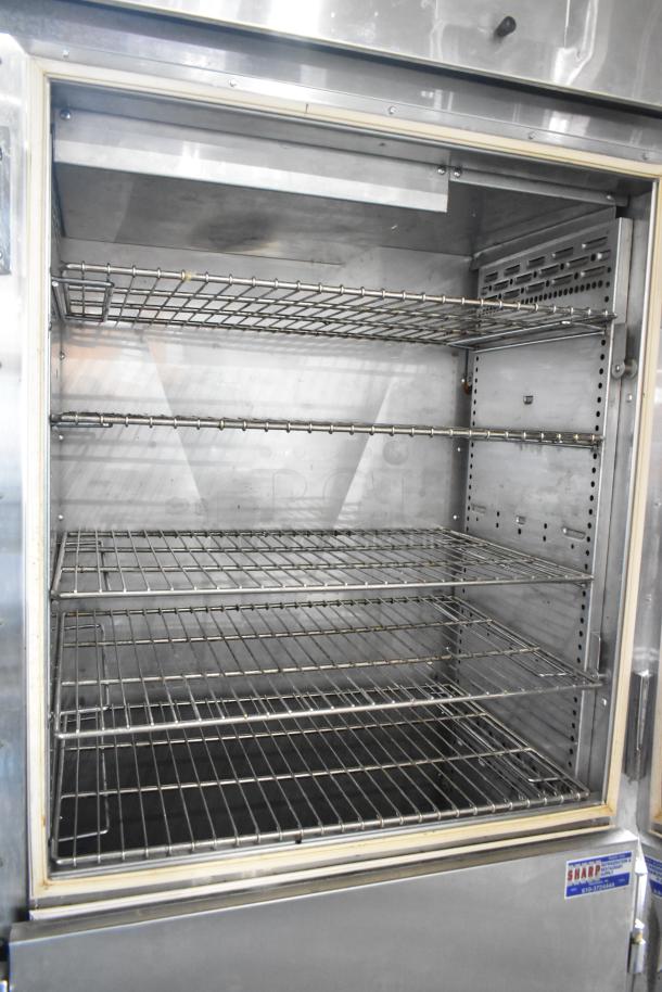 Bevles CS82 heated holding proofing cabinet with wire shelves, stainless steel interior, on casters, 120V, 1 phase.