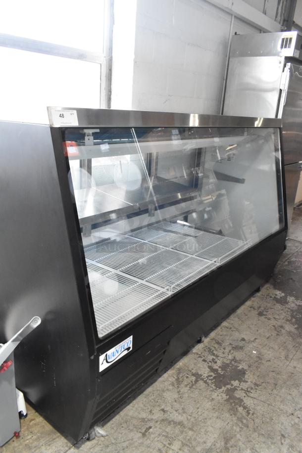 BRAND NEW Avantco 178DDLC84B 84" black glass refrigerated deli case, 115 Volts, slight dent, black finish, model sticker visible.