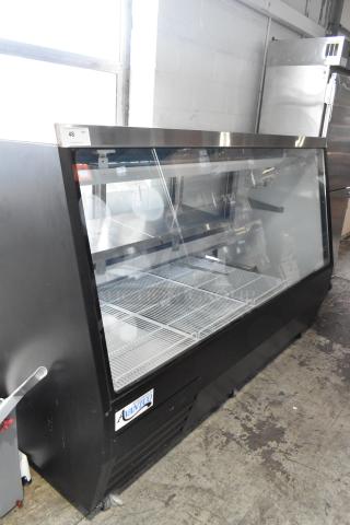 BRAND NEW Avantco 178DDLC84B 84" black glass refrigerated deli case, 115 Volts, slight dent, black finish, model sticker visible.