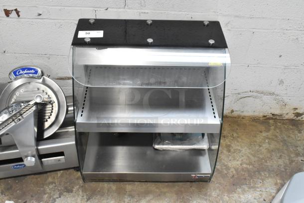 Omcan Countertop Heated 2 Tier Warming Display, stainless steel, glass doors, model number visible, in used condition.