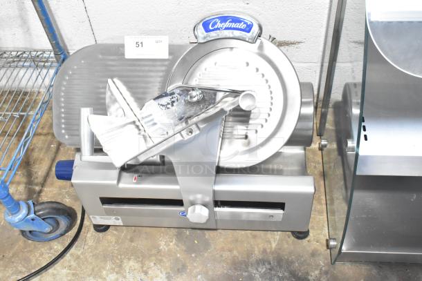 Globe Chefmate GC512 meat slicer with blade sharpener, 115V, 1 phase. Commercial countertop model, stainless steel finish.