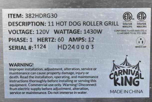 Carnival King 382HDRG30 Hot Dog Roller, 120V, 1 Phase, 1430W, Serial #1124, NSF/ANSI/UL compliant, commercial use warning.