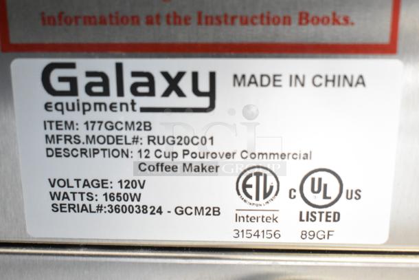 Galaxy 177GCM2B commercial coffee maker label, 120V, 1650W, model RUG20C01, ETL and UL certified, made in China.
