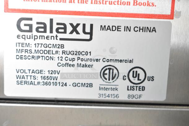 Galaxy 177GCM2B commercial coffee maker label with model RUG20C01, 120V, 1650W, ETL and UL listed.