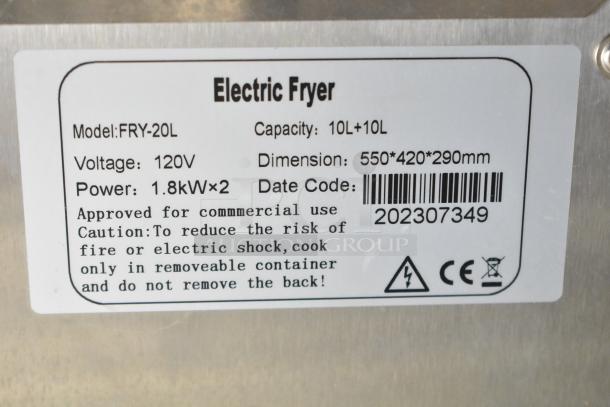 Label of Hoocoo FRY-20L Electric Fryer, 120V, 1.8kW x2, 10L+10L capacity, commercial use approved, dimensions 550x420x290mm.