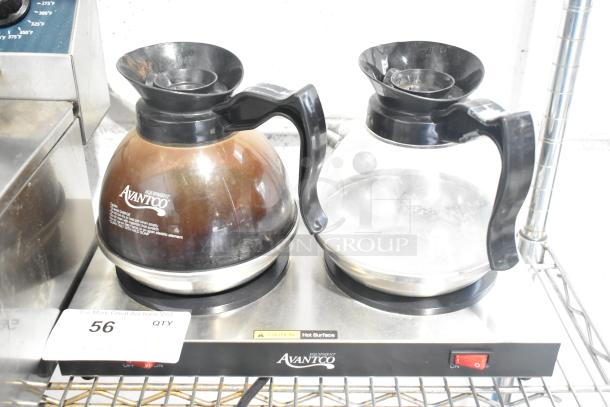 Avantco 177W52 countertop 2 burner coffee pot warmer with 2 pots. Features on/off switch, hot surface warning. 120 volts, 1 phase.