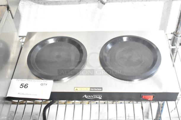 Avantco 177W52 countertop 2-burner coffee pot warmer with dual wells and "Hot Surface" caution label shown.