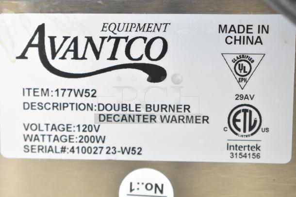 Avantco 177W52 countertop 2 burner coffee pot warmer with 2 pots, 120V, 1 phase, UL and ETL certified.