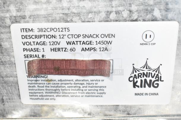 Carnival King 382CPO12TS pizza oven label showing model, voltage, wattage, and safety details.