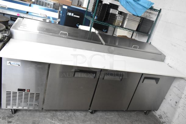 2024 Avantco 178APPT91HC commercial pizza prep table on casters, stainless steel, 115V, 1 phase, in excellent condition.