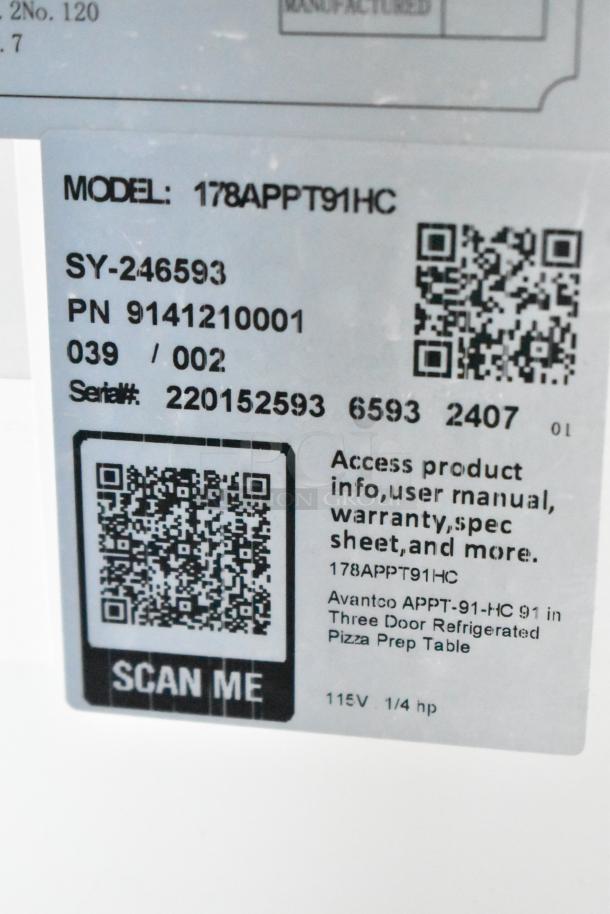 Label of Avantco 178APPT91HC pizza prep table showing model, serial number, QR codes, and voltage details.
