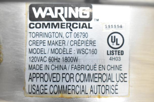 Waring WSC160 Electric Crepe Maker label showing model, voltage, and commercial use approval details.