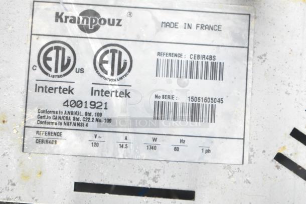 Krampouz CEBIR4BS 16" Electric Crepe Maker label, 120V, model details, ETL certification, made in France.