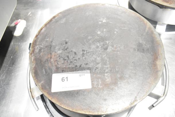 Krampouz CEBIR4BS 16" electric crepe maker, 120V, 1 phase. Used condition with visible wear on the cooking surface. Auction tag "61".