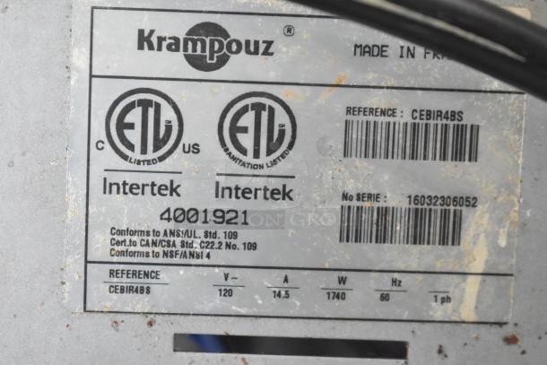 Krampouz CEBIR4BS 16" electric crepe maker label showing model, voltage, and certifications. Made in France.