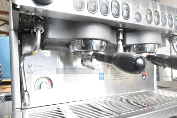 La Cimbali M29 Select DT/2-NF espresso machine, 2 group, 2 portafilters, 2 steam wands, brushed metal finish, commercial use.