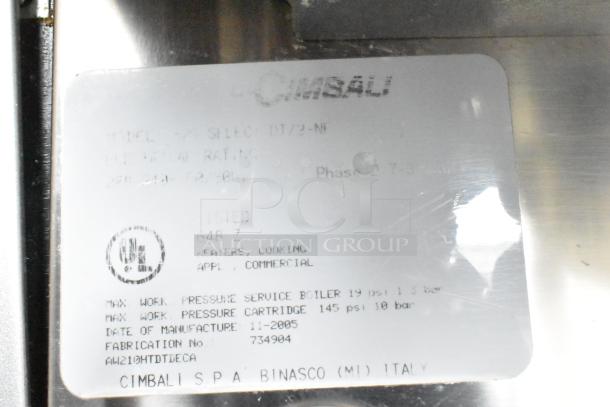 La Cimbali M29 Select DT/2-NF Espresso Machine label showing model, voltage, phase, and manufacture details.