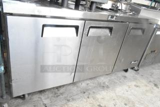 2019 Migali C-U72R-HC commercial 3-door undercounter cooler with casters, 115V, 1 phase, stainless steel, in used condition.