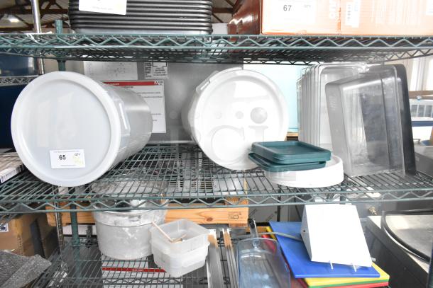 Three-tier lot including coffee pots, poly drop-in bin lids, and cylindrical bins. Various sizes and conditions. Tags labeled "65" and "67."