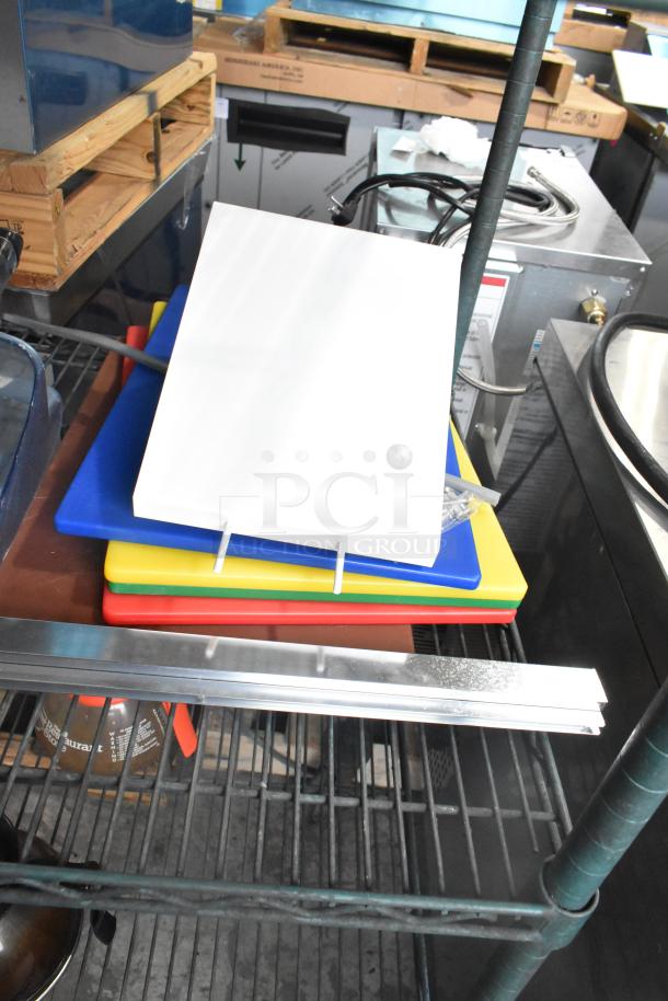 Three-tier lot includes coffee pots, poly drop-in bin lids, and poly cylindrical bins. Items on a metal shelf, good condition.