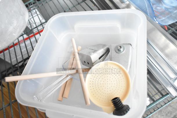 Three tier lot with coffee pots, poly drop-in bin lids, and poly cylindrical bins. Various condition items on metal shelf.