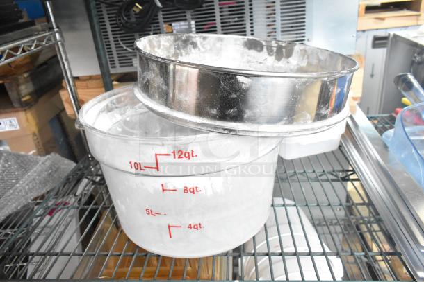 Three tier lot with coffee pots, poly drop-in bin lids, and poly cylindrical bins. Includes labeled 12qt and 10L bin.