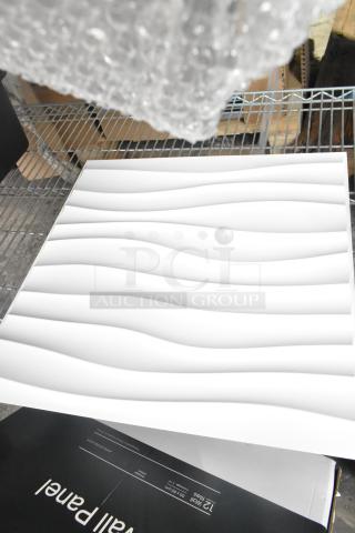 Art3d 3D Wall Panel in original box, featuring a white wavy design, new condition. Box label shows "12 Wall Tiles, 50x50 cm".