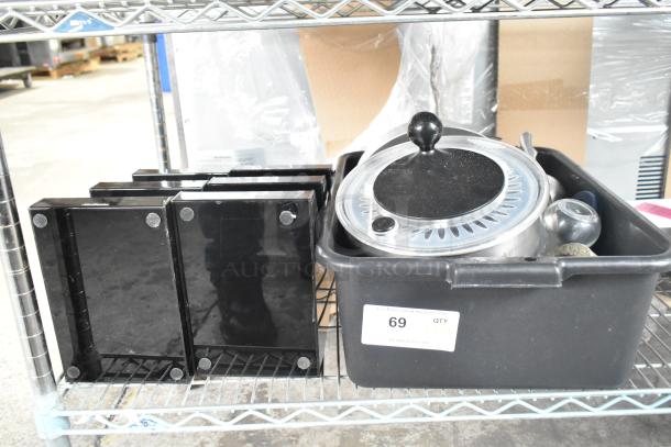 19 various items including metal bins and a black poly 3-tier rack on metal shelf; tag shows "69 QTY x19".