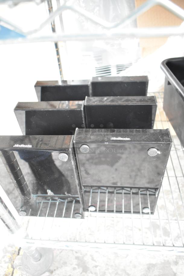19 items including black Mind Reader metal bins on a wire rack. Features black poly 3-tier rack, bus bin. Used condition.