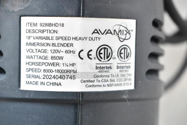 AvaMix 928IBHD18 18" immersion blender tag, 1 1/4 hp, 850W, variable speed 8000-18000 RPM, 115V, ETL certified.