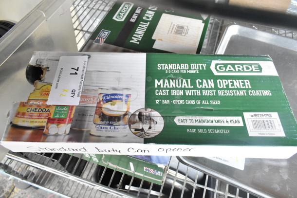 Brand new Garde manual can openers in box, models 181COM2NB and 181COM1BSTMA, cast iron, rust-resistant.