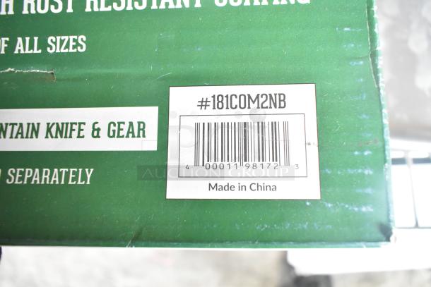 Brand new Garde commercial can opener in box, model 181COM2NB, barcode visible, made in China.