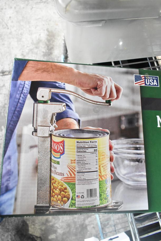 Brand new in box Garde Commercial Can Openers, models 181COM2NB and 181COM1BSTMA, shown with usage depiction. Made in USA.