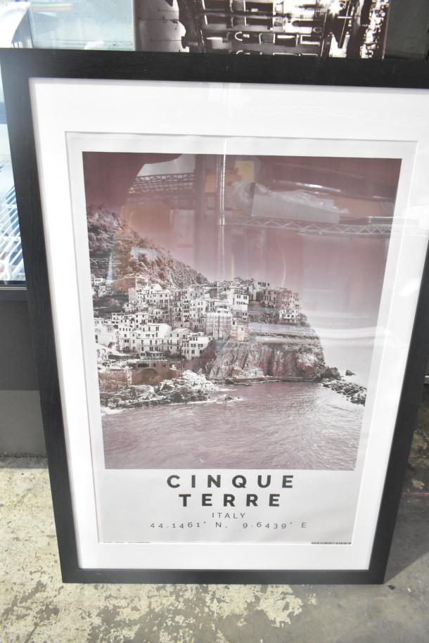 Framed Cinque Terre Italy poster with coordinates, in good condition, part of a 9-item auction lot.
