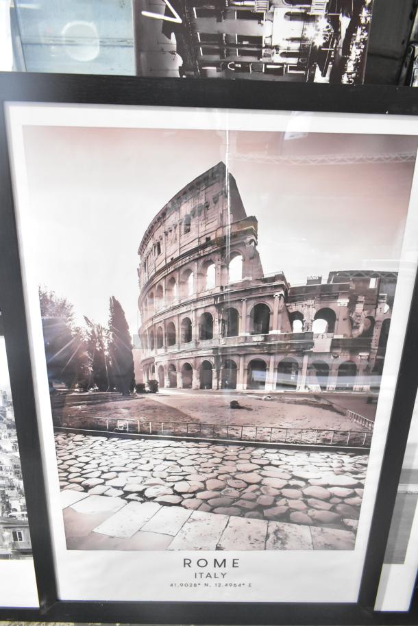 Framed photo of the Colosseum in Rome, Italy. Sepia tone, black frame. Includes coordinates: 41.9028° N, 12.4964° E.