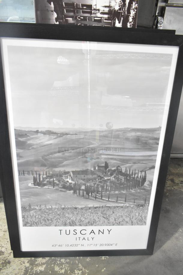 Black-framed Tuscany, Italy picture with landscape view, coordinates at bottom. Part of a 9-item auction set.