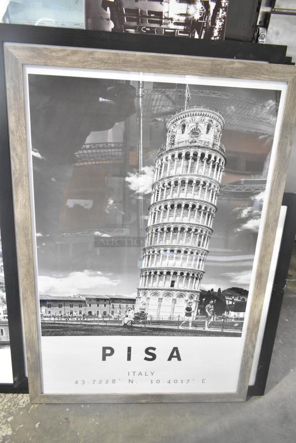 Black and white framed photo of the Leaning Tower of Pisa, labeled with "PISA, Italy" and coordinates.