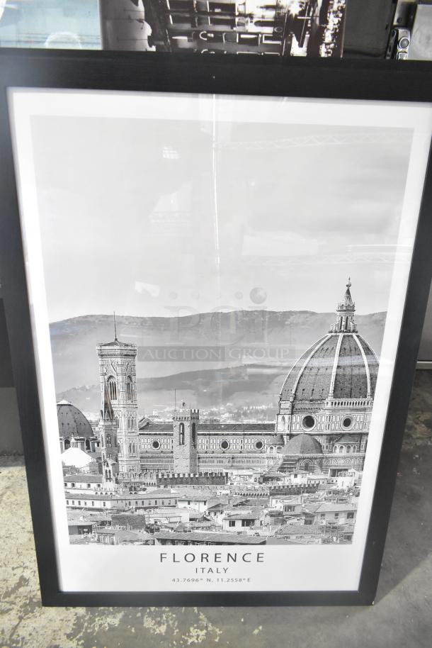Framed black and white Florence, Italy poster with coordinates, in good condition.