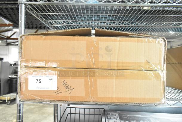 Box containing 2 brand new, scratch-and-dent grease hood filters on a metal shelf. Label indicates quantity 75.