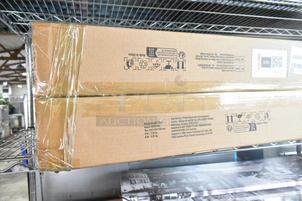 Box of 2 Grease Hood Filters, model HDSS-004, wrapped in plastic. Labels indicate size 642x525x30 mm, made in China. Slight box damage.