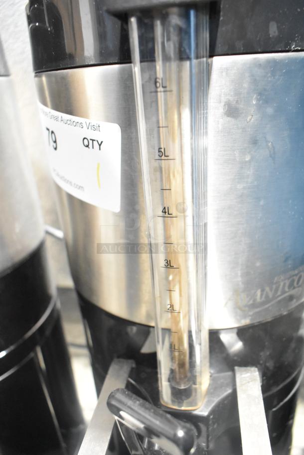 Avantco 177CS15 VT15-001 1.5 Gallon Thermal Coffee Server with Stand. Visible capacity markings; stainless steel body.