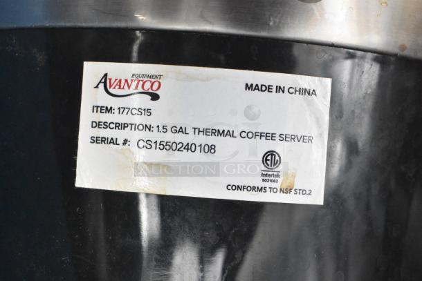 Avantco 1.5 Gallon Thermal Coffee Server, Model 177CS15, with stand. Label shows item info and serial number CS1550240108.