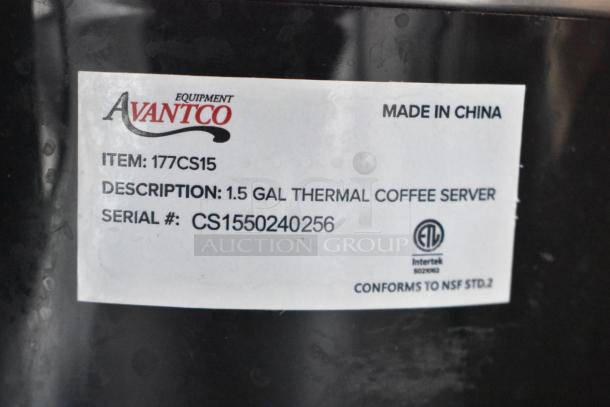 Avantco 177CS15 1.5 Gallon Thermal Coffee Server, includes stand, made in China. Label shows model and serial number.